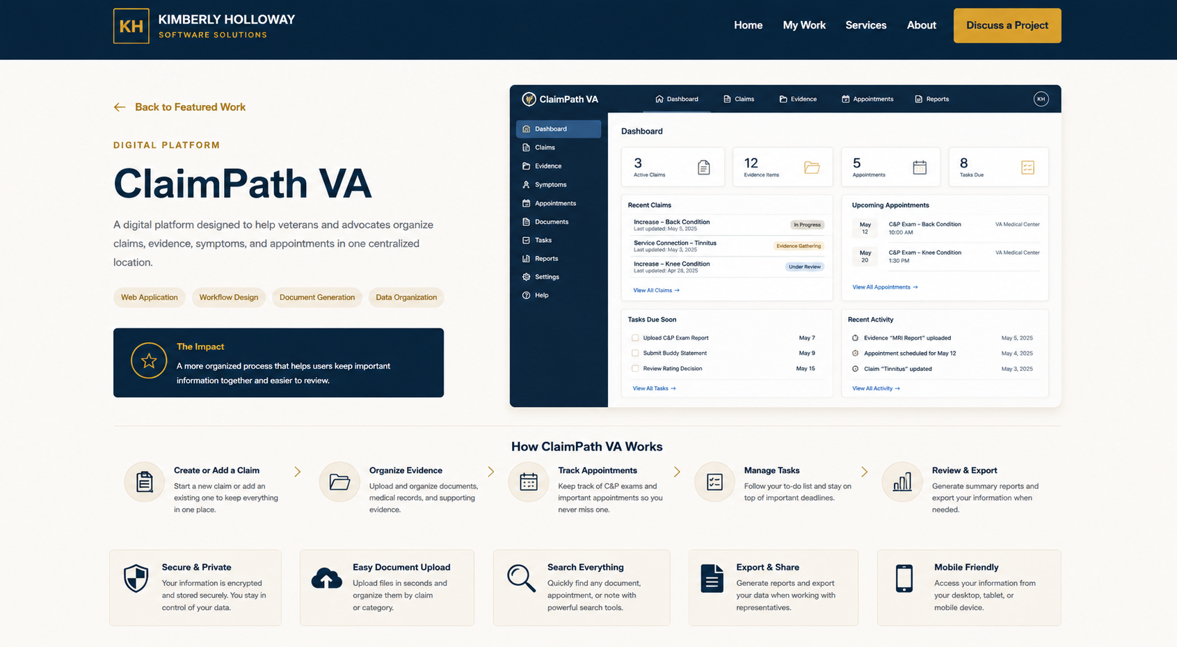 ClaimPath VA dashboard showing claims, evidence, symptoms, appointments, tasks, documents, and reports