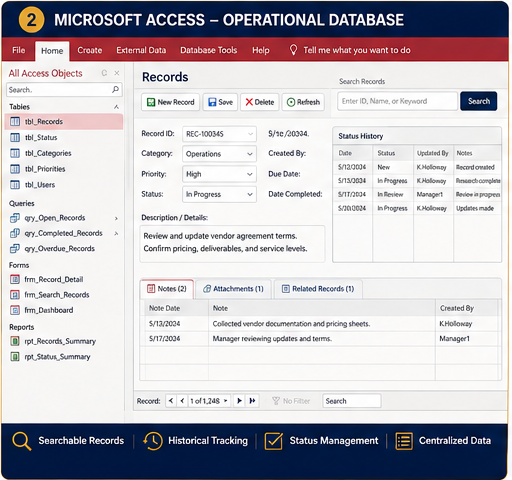 Microsoft Access operational database showing searchable records, status tracking, notes, and record history
